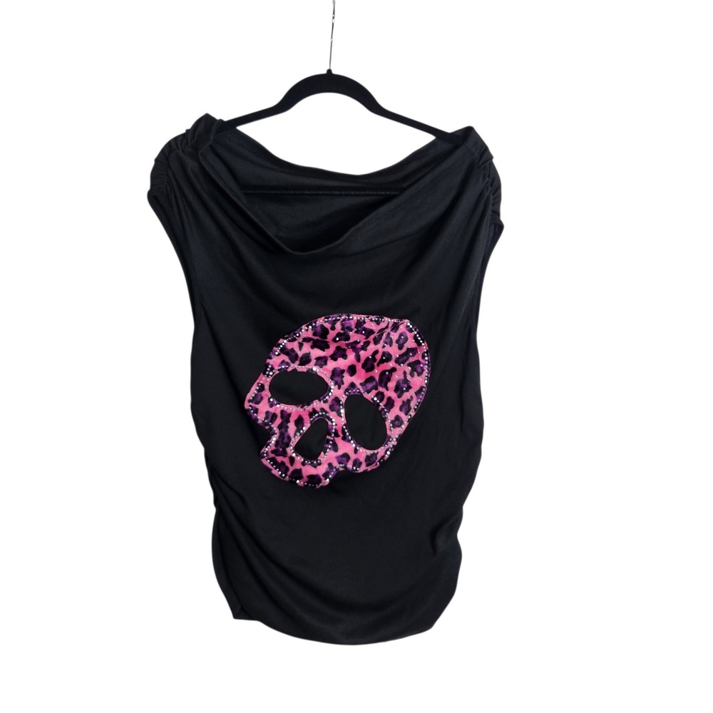 Romwe Womens 2XL Black Ribbed Cowl Neck Skull Graphic Pink Leopard Tank Top